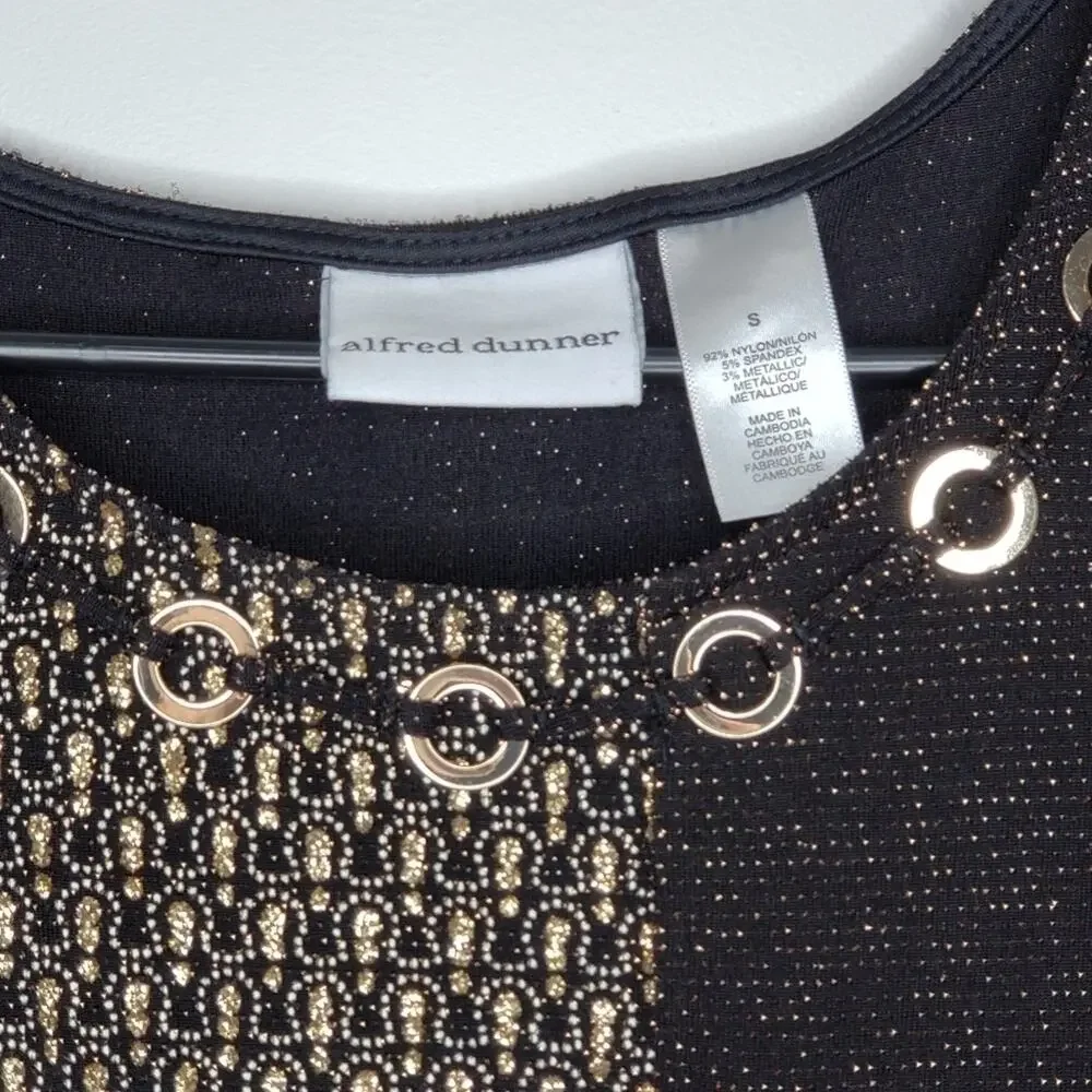 Alfred Dunner 3/4 Sleeve Black and Gold Shirt with Gold toned Metal Hardware
